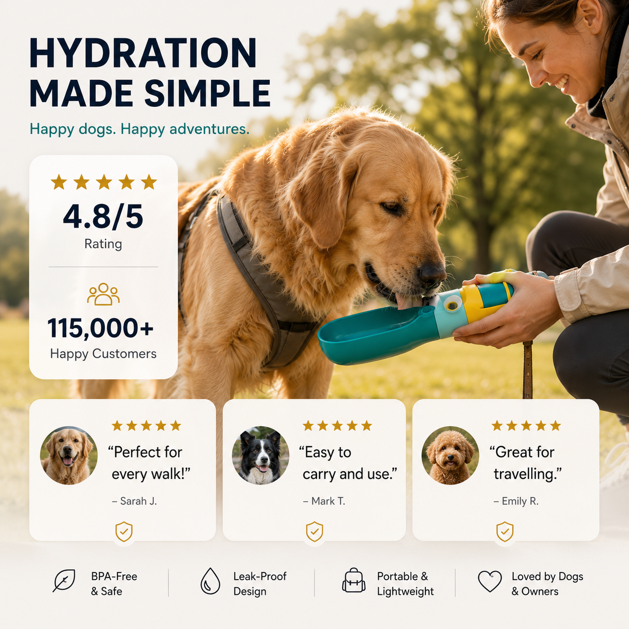 AquaPaw One-Hand Dog Water Bottle with Built-In Drinking Trough - Image 7